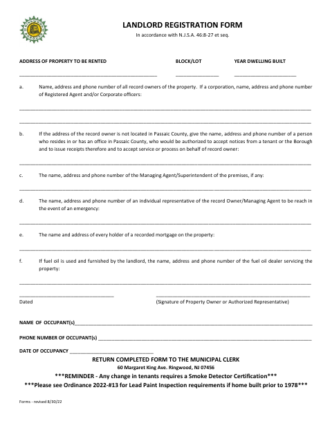 First page of the Landlord Registration Form