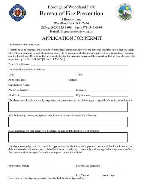 First page of the Fire Prevention Permit Application