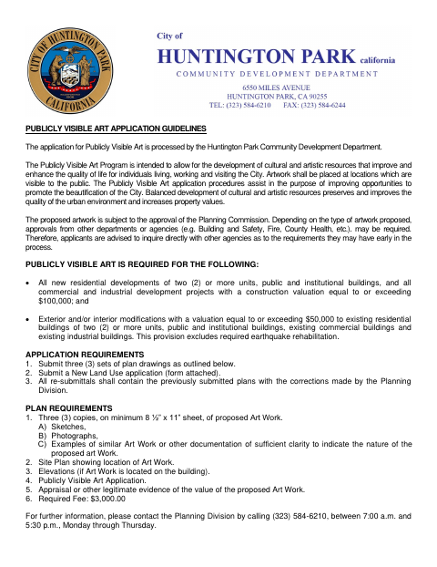First page of the Publicly Visible Art Application