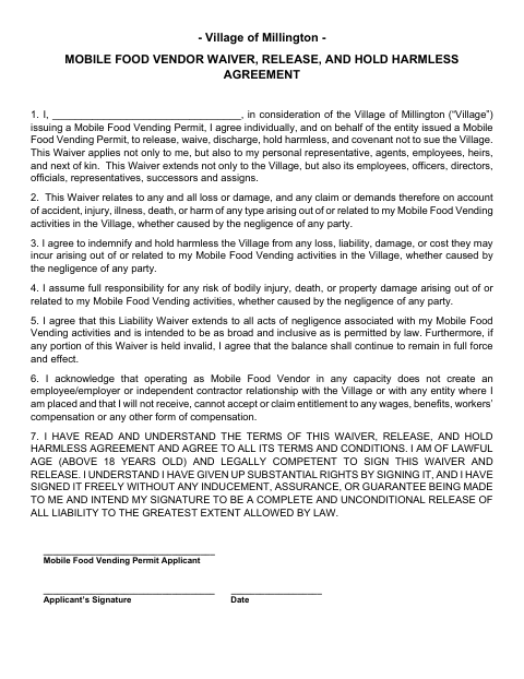 First page of the Mobile Food Vendor Waiver, Release, and Hold Harmless Agreement