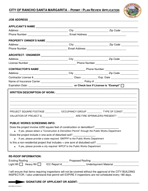 First page of the Application for Building Permit and Plan Review