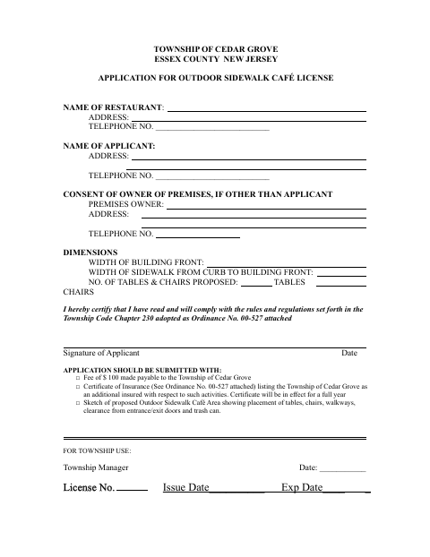 First page of the Application for Outdoor Sidewalk Café License