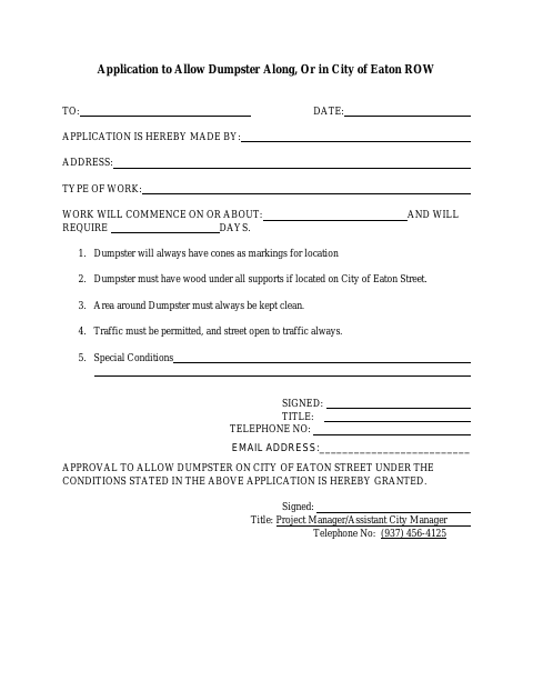 First page of the Application to Allow Dumpster Along or in City Right of Way