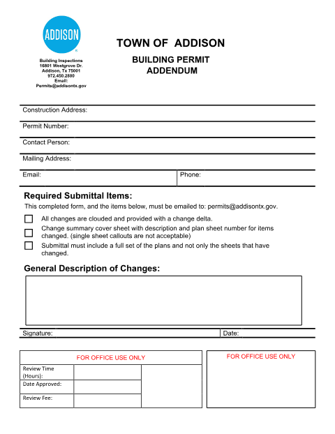 First page of the Building Permit Addendum Application