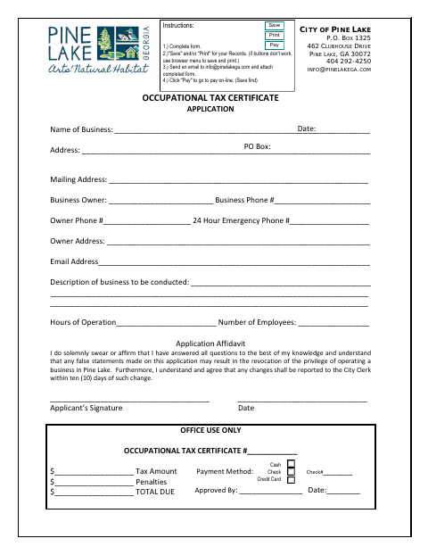 First page of the Occupational Tax Certificate Application