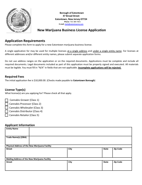 First page of the New Marijuana Business License Application