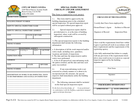 First page of the Special Inspector Check-In and Job Assignment Form