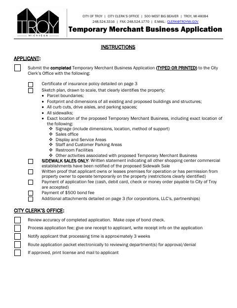 First page of the Temporary Merchant Business License Application