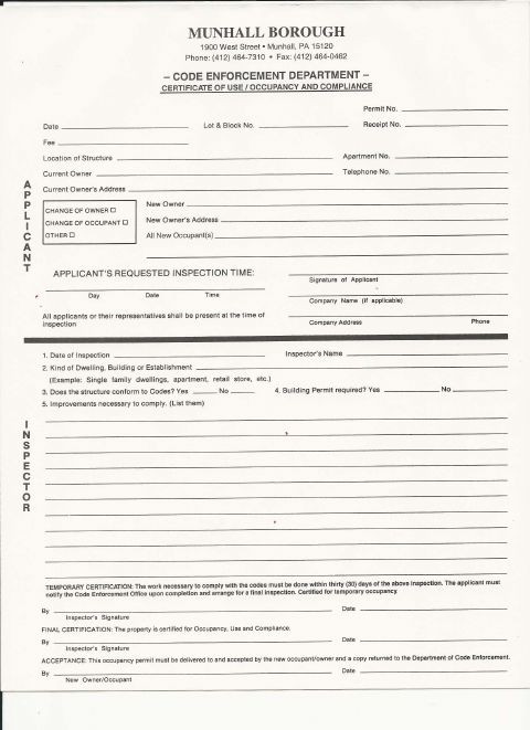 First page of the Certificate of Use/Occupancy and Compliance Form