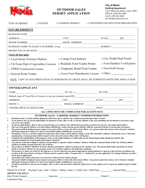 First page of the Outdoor Vendor Sales Permit Application
