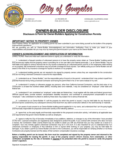 First page of the Owner-Builder Disclosure