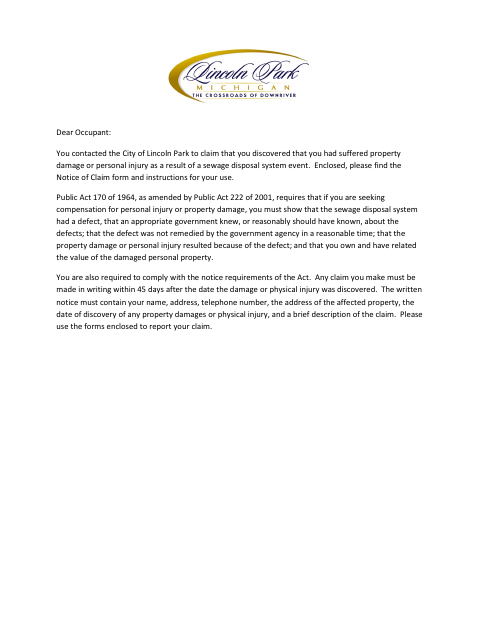 First page of the Sewer Overflow and Backup Claim Form