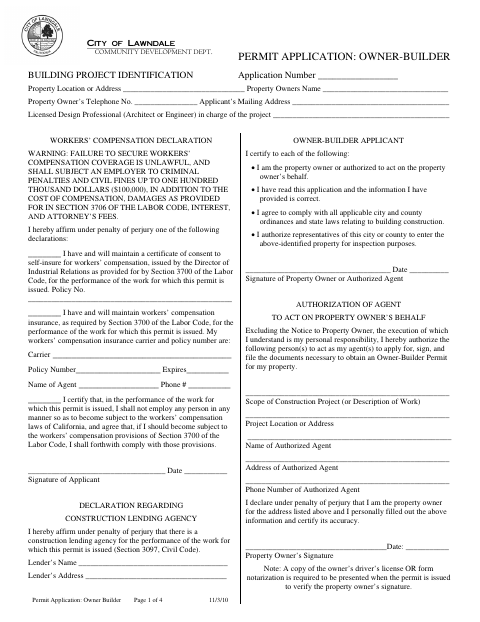 First page of the Owner-Builder Building Project Identification and Declaration