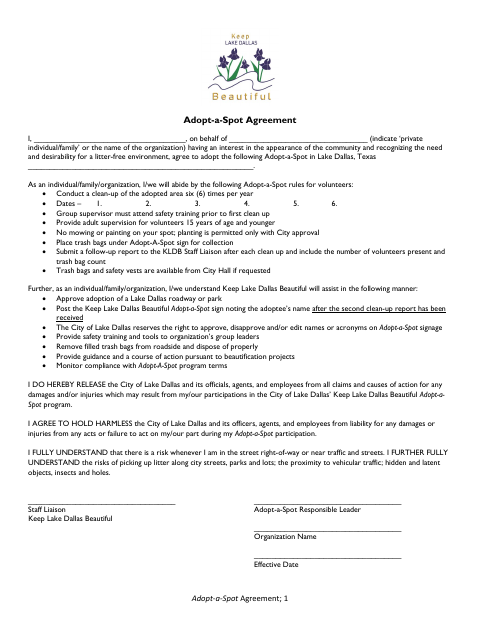 First page of the Adopt-a-Spot Agreement