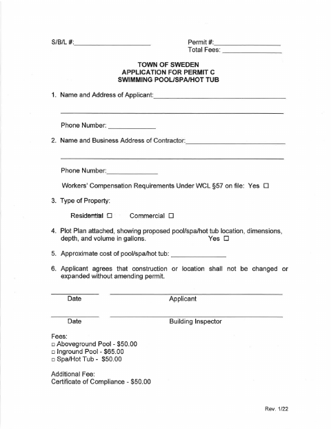 First page of the Swimming Pool/Spa/Hot Tub Permit Application