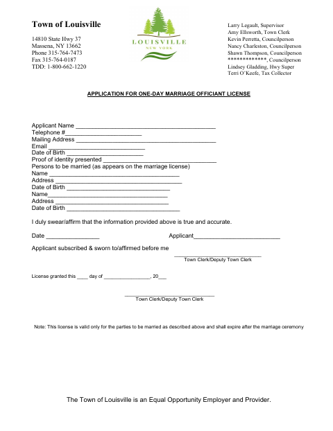 First page of the One-Day Marriage Officiant License Application