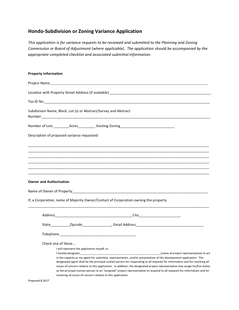 First page of the Subdivision or Zoning Variance Application