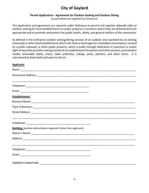 First page of the Permit Application – Agreement for Outdoor Seating and Outdoor Dining