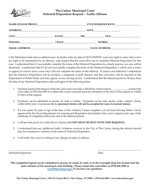 First page of the Deferred Disposition Request – Traffic Offense