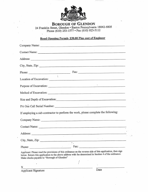 First page of the Road Opening Permit Application