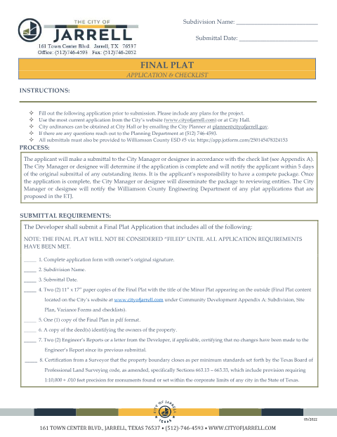 First page of the Final Plat Application