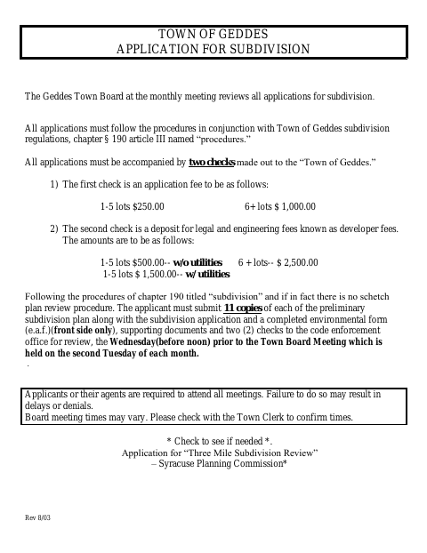 First page of the Subdivision Application