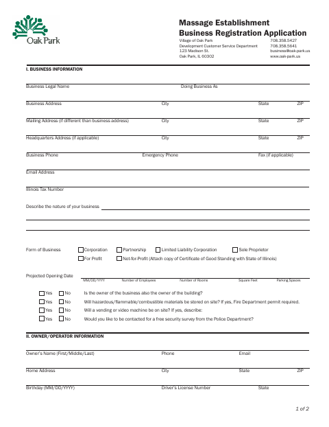 First page of the Massage Establishment Business Registration Application