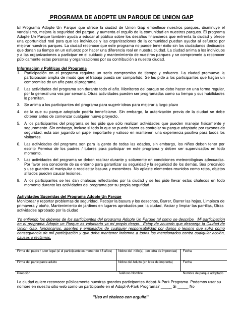 First page of the Adopt a Park Program Form