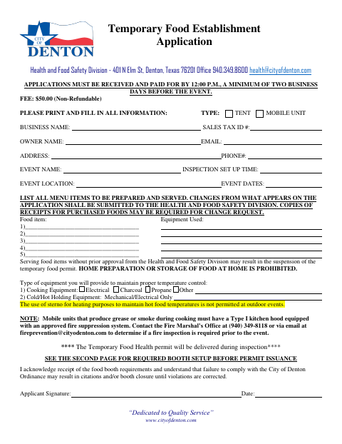 First page of the Temporary Food Establishment Application