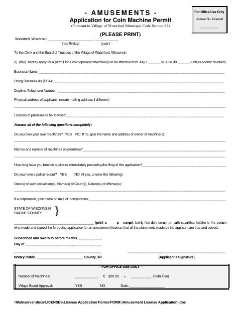 First page of the Amusement License Application