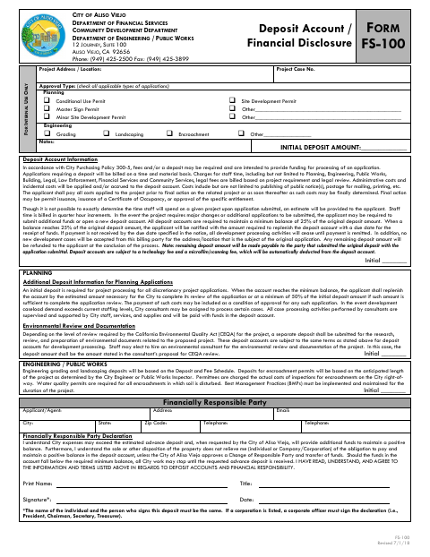 First page of the Deposit Account / Financial Disclosure