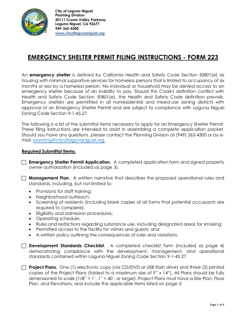 First page of the Emergency Shelter Permit Application
