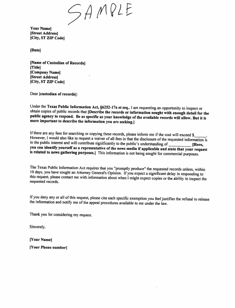 First page of the Public Information / Records Request
