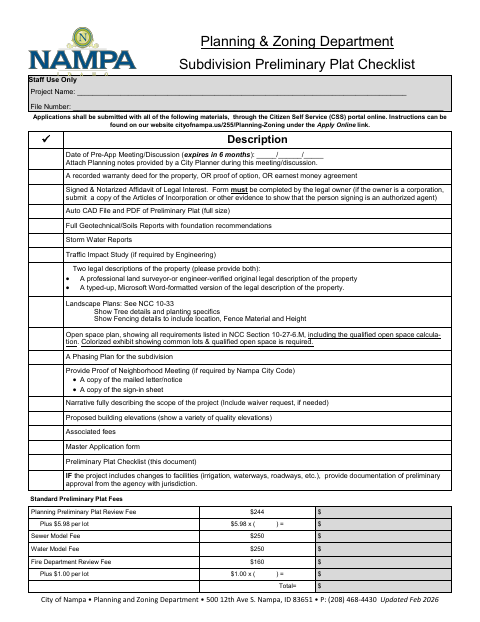 First page of the Subdivision Preliminary Plat Checklist