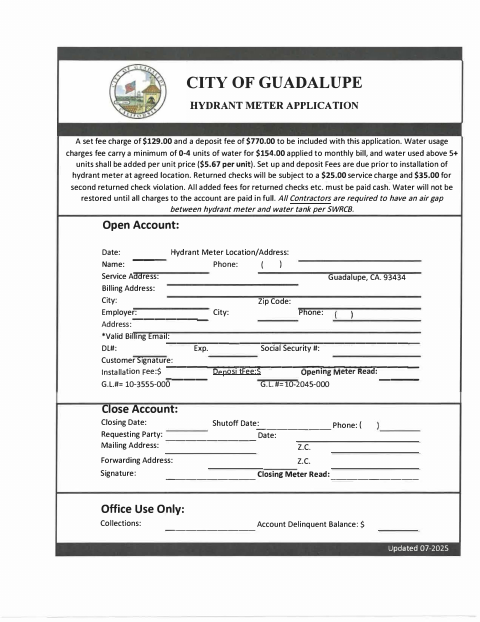 First page of the Hydrant Meter Application