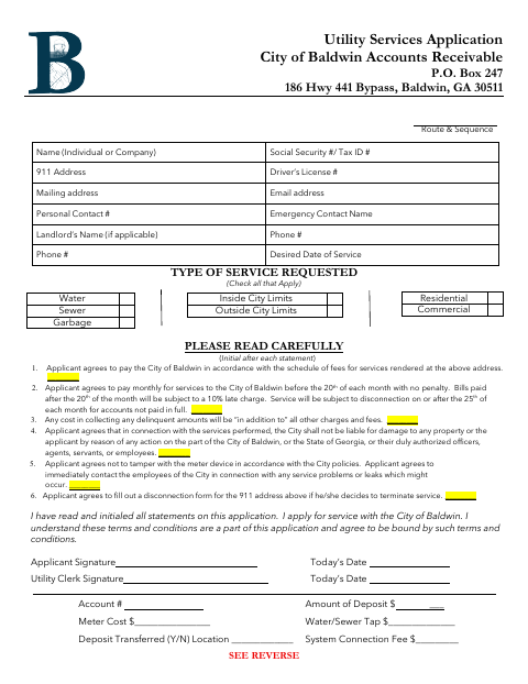 First page of the Utility Services Application