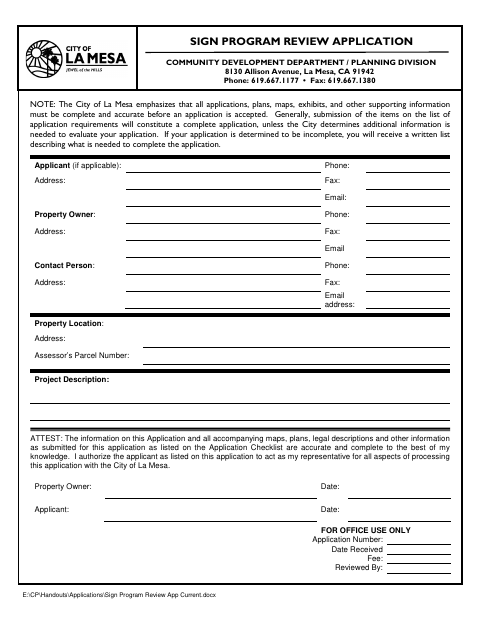 First page of the Sign Program Review Application