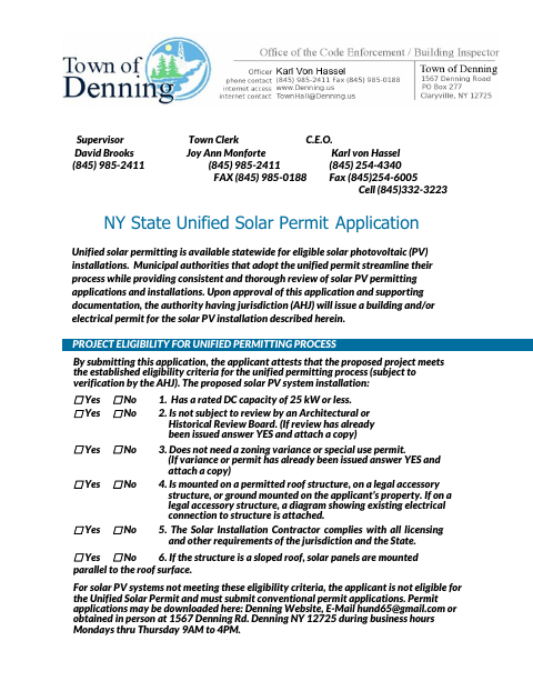First page of the NY State Unified Solar Permit Application