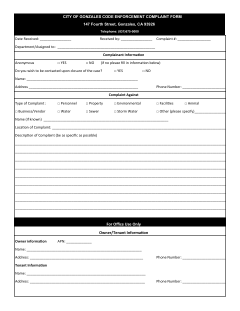 First page of the Code Enforcement Complaint Form