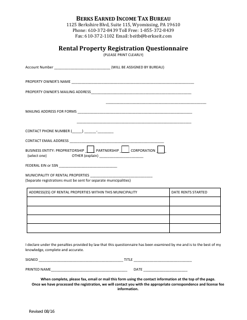 First page of the Rental Property Registration Questionnaire
