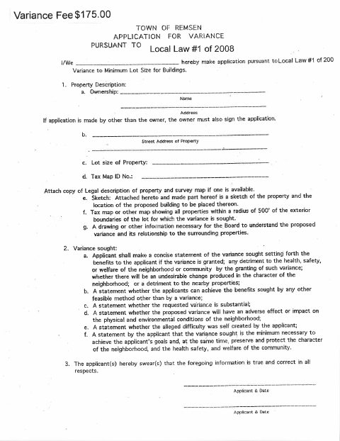 First page of the Variance Application Form