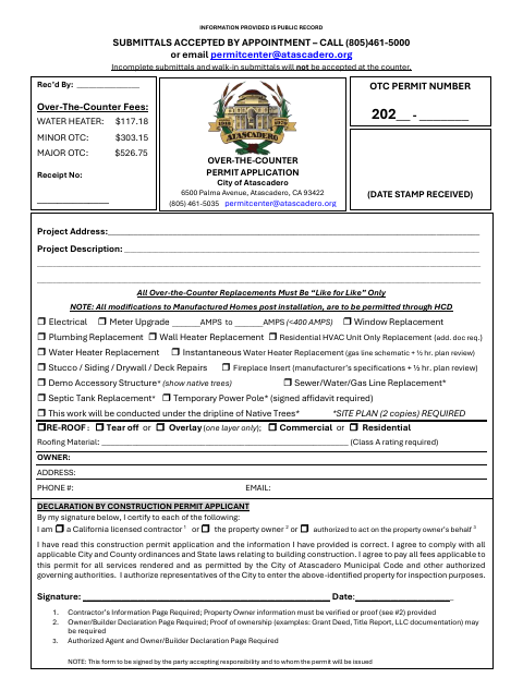 First page of the Over The Counter Permit Application