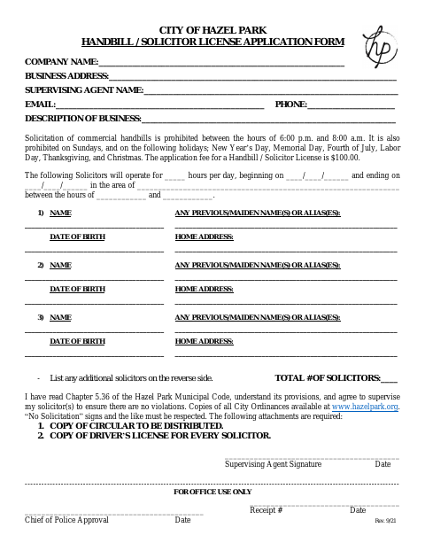 First page of the Handbill / Solicitor License Application
