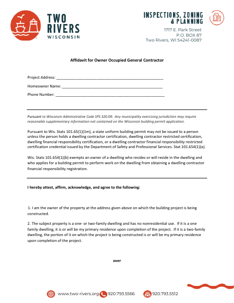 First page of the Affidavit for Owner Occupied General Contractor