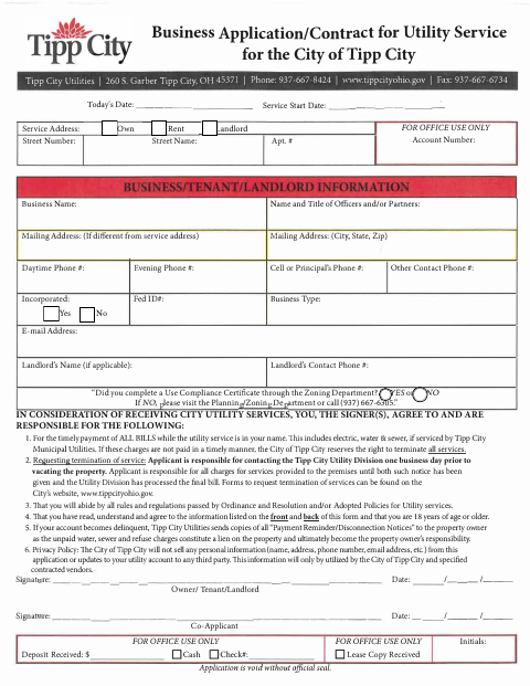 First page of the Business Application/Contract for Utility Service