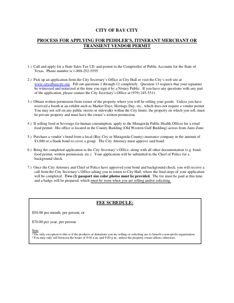 First page of the Peddler, Itinerant Merchant, or Transient Vendor Permit Application