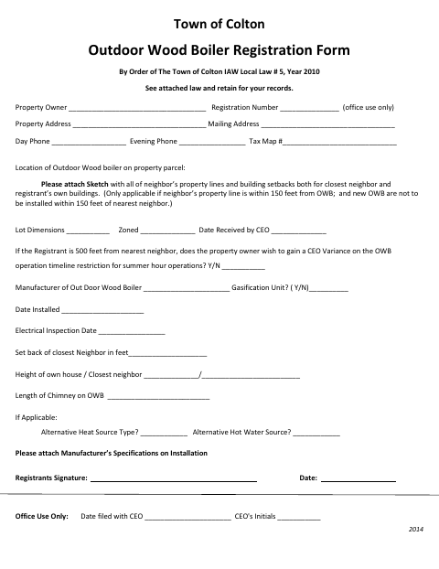 First page of the Outdoor Wood Boiler Registration Form