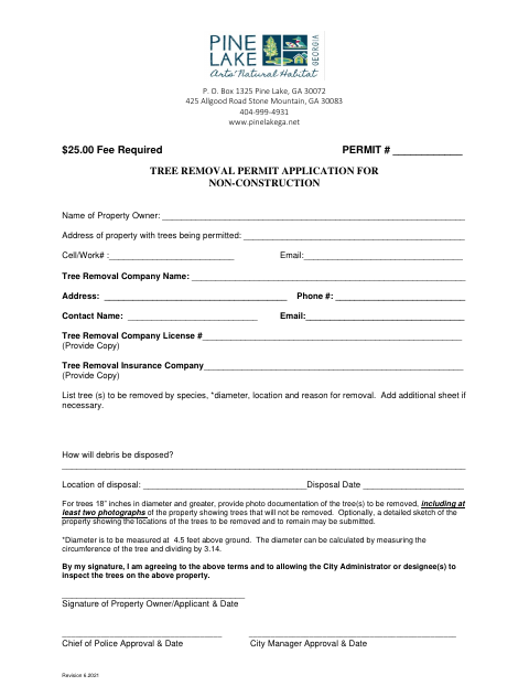 First page of the Tree Removal Permit Application for Non-Construction