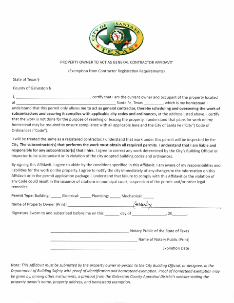 First page of the Property Owner To Act As General Contractor Affidavit