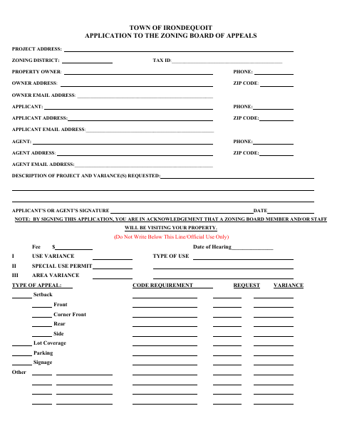 First page of the Application to the Zoning Board of Appeals